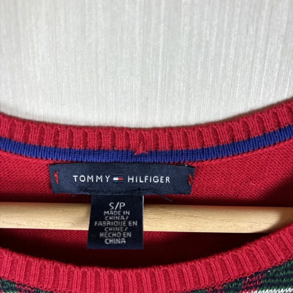Tommy Hilfiger Womens Sweater‎ Dress Sz S Red Holiday Plaid Short Sleeve Logo